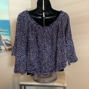 Express off the shoulder Rayon fabric.Navy and White Patterned Top